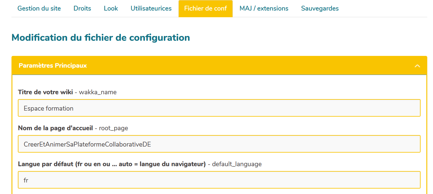 capture d'&eacute;cran de la page Fichier de configuration